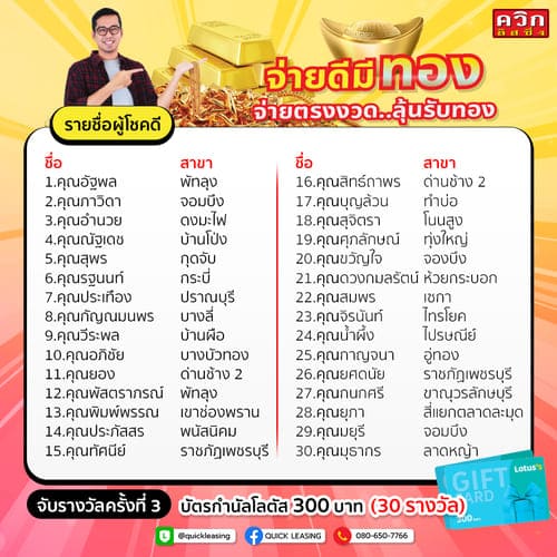 รายชื่อผู้โชคดี จ่ายดีมีทอง ครั้งที่ 3