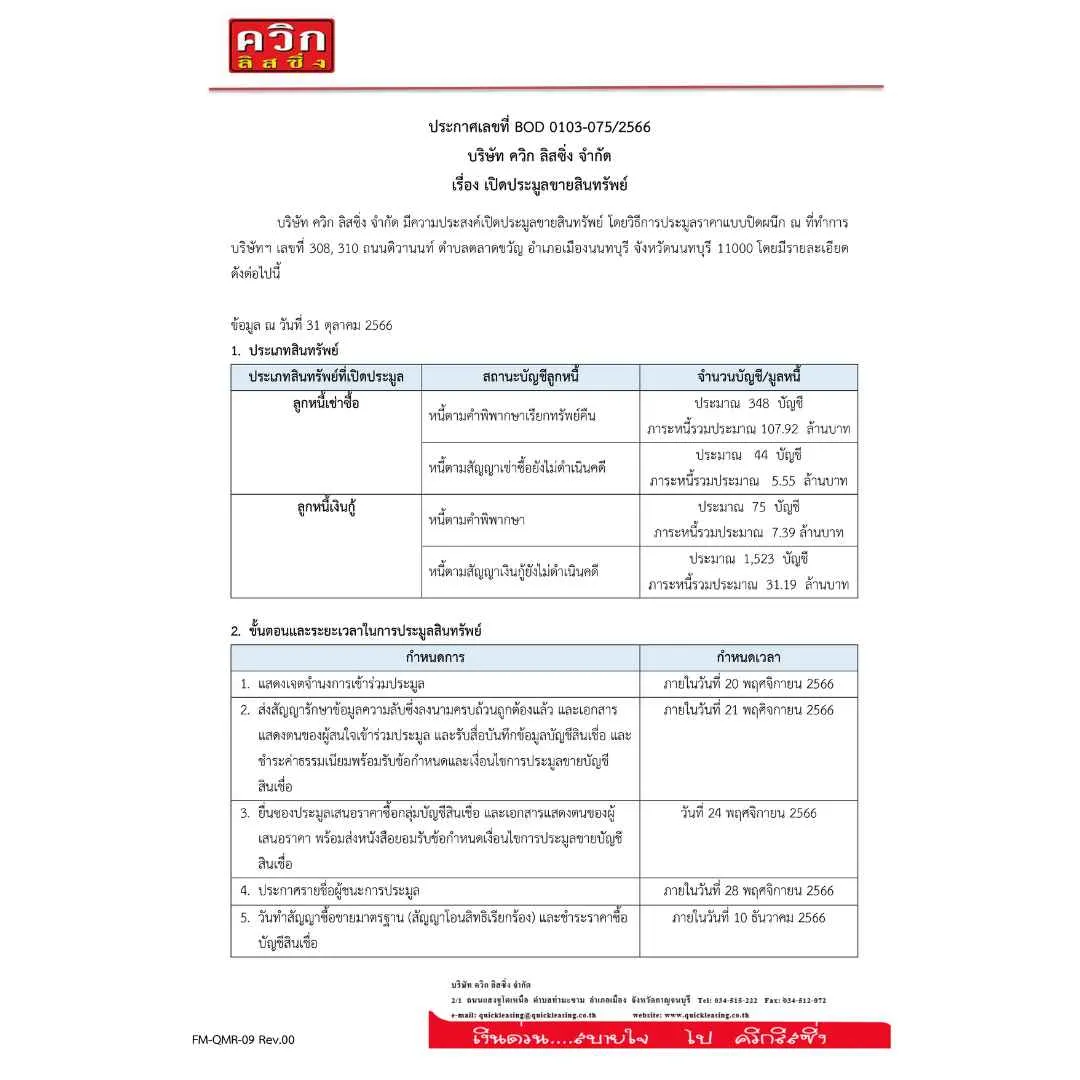 การเปิดประมูลขายสินทรัพย์ ประจำปี 2566